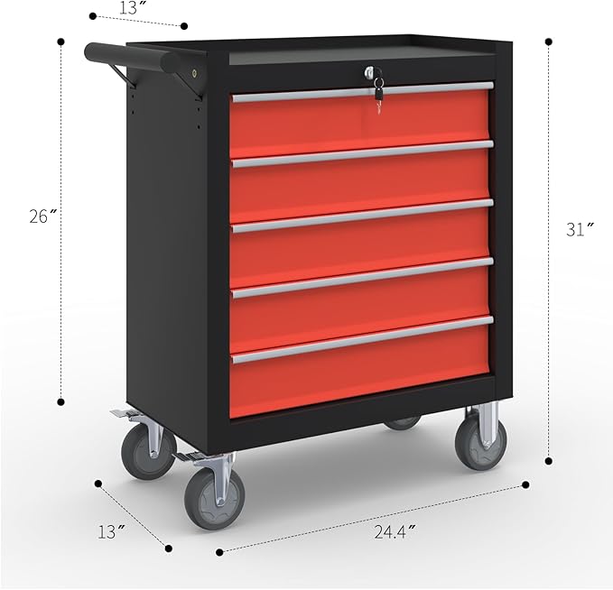 5-Drawer Rolling Tool Boxes,Metal Rolling Tool Chest with Wheels and Locking Tool Chest,Portable Metal Tool Box for Warehouse,Garage, Repair Shop, Workshop (Blackred, 5-Drawer)
