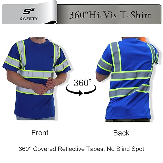 sesafety High Visibility Shirts for Mens Class 3 Hi Vis Reflective Construction Shirts for Men with Pocket Safety T Shirts for Men Work Shirt for Mens Short Sleeve Blue Yellow Strips 5XL