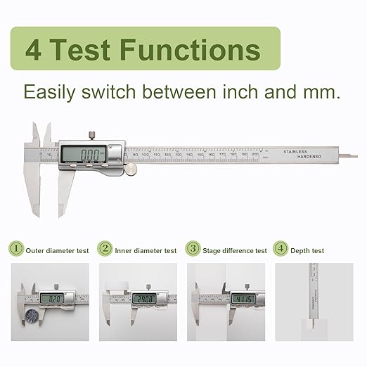 All-Metal Digital Caliper 0-8" Measuring Tool, Micrometer Caliper with Auto-Off Feature, Interchangeable Between inches and millimeters for DIY/Household and 3D Printing
