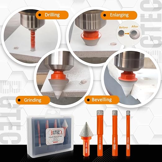 Dry Diamond Drill Bit Set - BGTEC 6/8/10mm Hole Saw and 1pc 4/5" Dimaond Chamfer bit for Granite Marble Porcelain Ceramic,Vacuum Brazed Diamond Core Drill Bit Kit