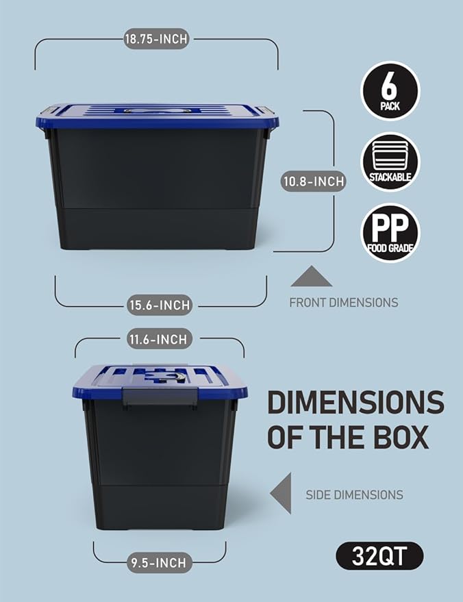 WYT 32 Quart Stackable Plastic Storage Bins with Blue Lids, 6 Pack Black Containers with Latching Buckles and Handle, Durable Nestable Boxes Organizing for Closet, Garage, Tool Room