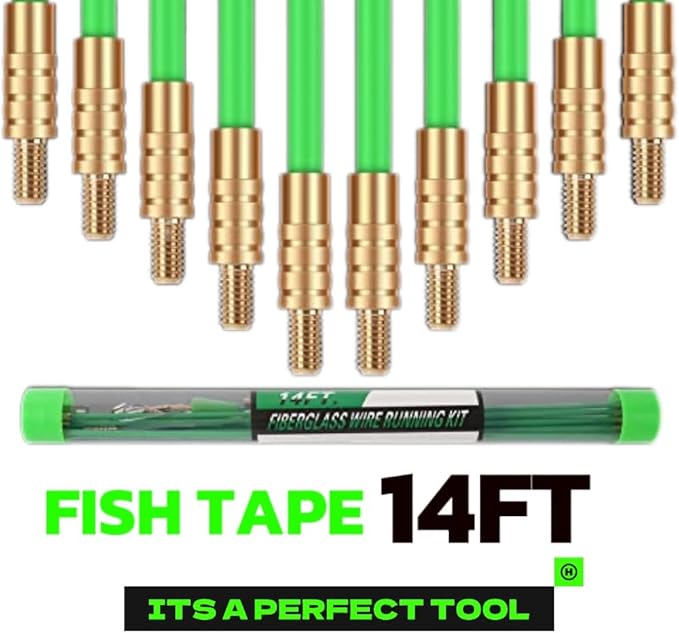 14FT Fiberglass Running Electrical Wire Glow Rods Wire Pulling with 8 Different Attachments, Fish Rods Electrical Kit and Fish Tape Wire Puller