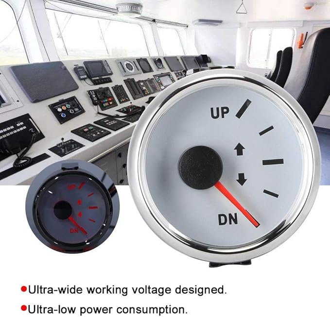 Boat Trim Gauge, 52mm/2in Stainless Steel UP-DN Boat Trim Gauge 0-190ohm Trim Tilt Indicator Red Backlight (White Dial Silver Frame)