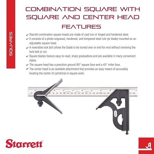Starrett Steel Combination Square with Square Head and Center Head - 300mm Blade Length, Cast Iron Head, Hardened Steel, Reversible Lock Bolt, Scriber, 36 Graduation Type - 11MEHC-300