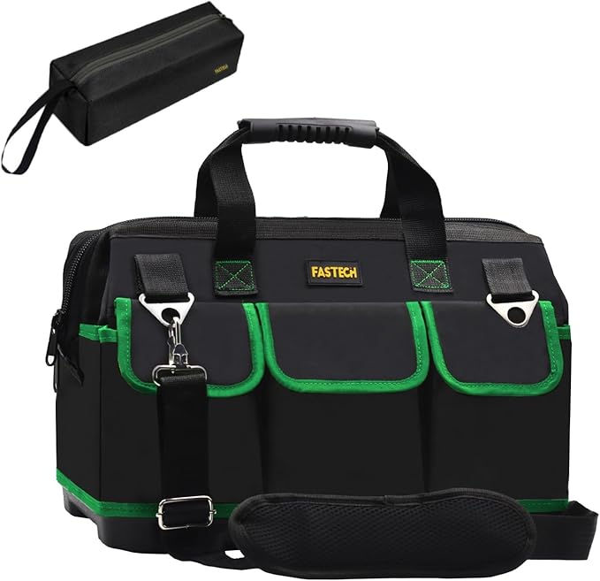 20 Inch Tool Bag, Waterproof Wide Mouth Tool Kit, Heavy Duty Tool Bag Organizer With Shoulder Straps and Molded Base, Tool Storage Package For Screwdrivers, Pliers, Nut Drivers (Green20IN)