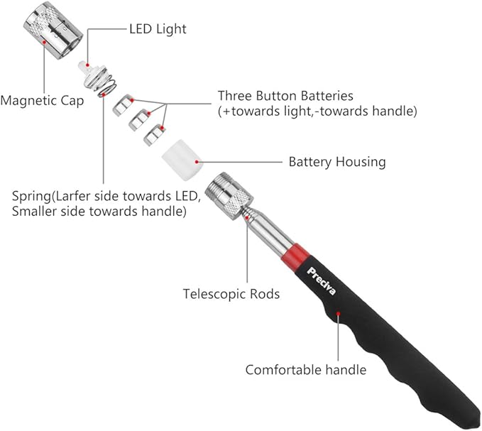 Magnetic Telescoping Pick Up Tool, Preciva Magnetic Picking Tool with LED Flash Light Retriever Wand 19.5to 68 CM Telescopic Magnet Stick(ONE PACK)
