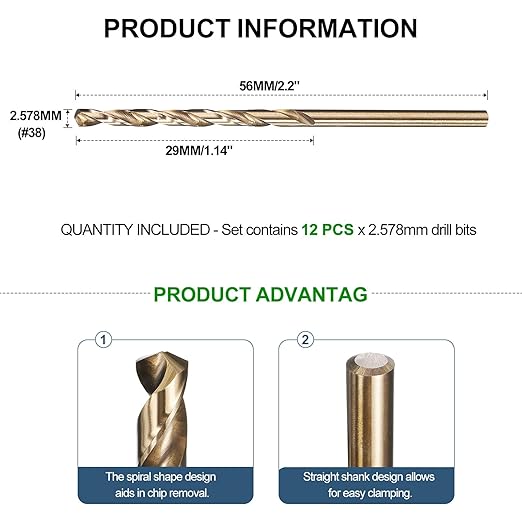 METALLIXITY Drill Bit (#38) 12Pcs, M2 High-Speed Steel Micro Number Bits Spiral Flute 135°Point Tip Gold Finish for Stainless Steel Iron Copper Aluminum Hard Metal