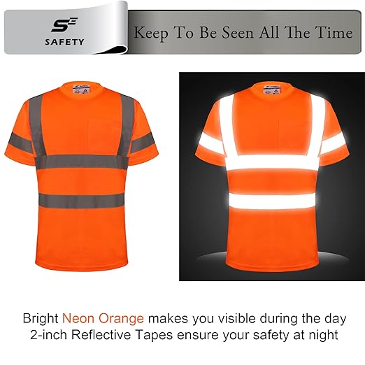 High Visibility Shirts for Men Class 3 Hi Vis Reflective Construction Shirts for Men with Pocket Safety T Shirt for Mens Work Shirt for Mens Short Sleeve