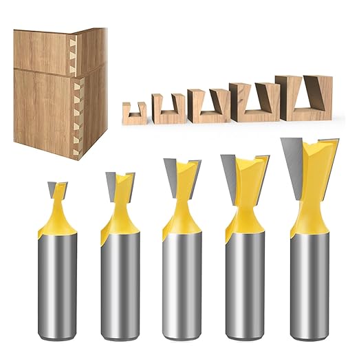 5Pcs Dovetail Router Bit Set 1/2 Inch Shank Half-Blind & Through Dovetail Bits Wood Joints Cutter Tool for Making Boxes Drawers Chests For Engraving Router planing Head Wood Cutter