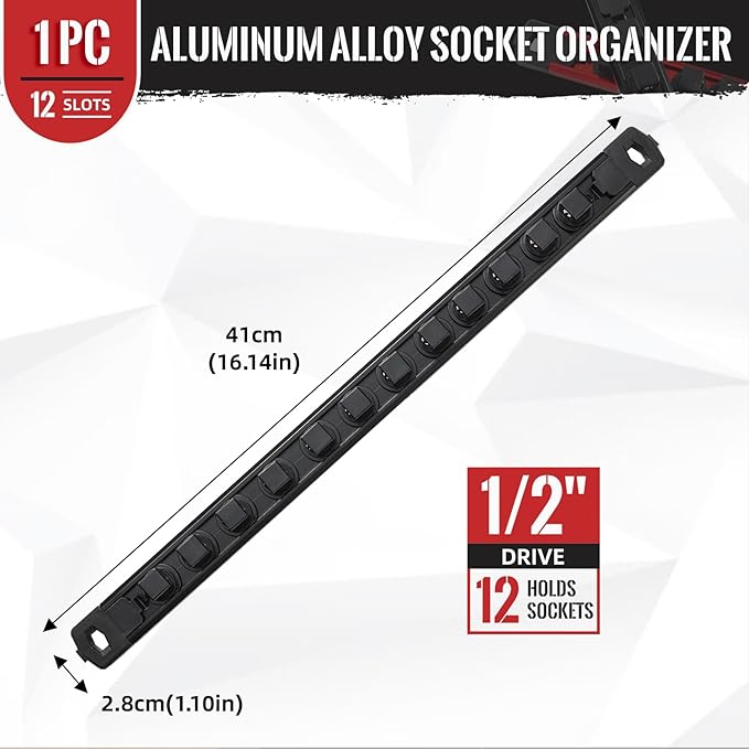 Magnetic Socket Organizer, 1-Piece Heavty Duty Aluminum Socket Holder, Socket Rail for Tool Box, Premium Quality 360° Swivel Socket Rack with 12 Clips for 1/2-Inch(Black)