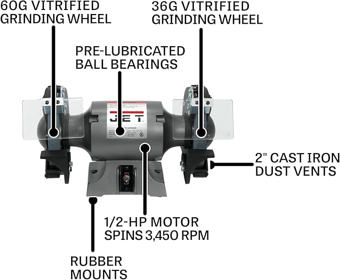 JET 8-Inch Bench Grinder, 3450 RPM, 1/2 HP, 120V 1Ph (Model JBG-8)
