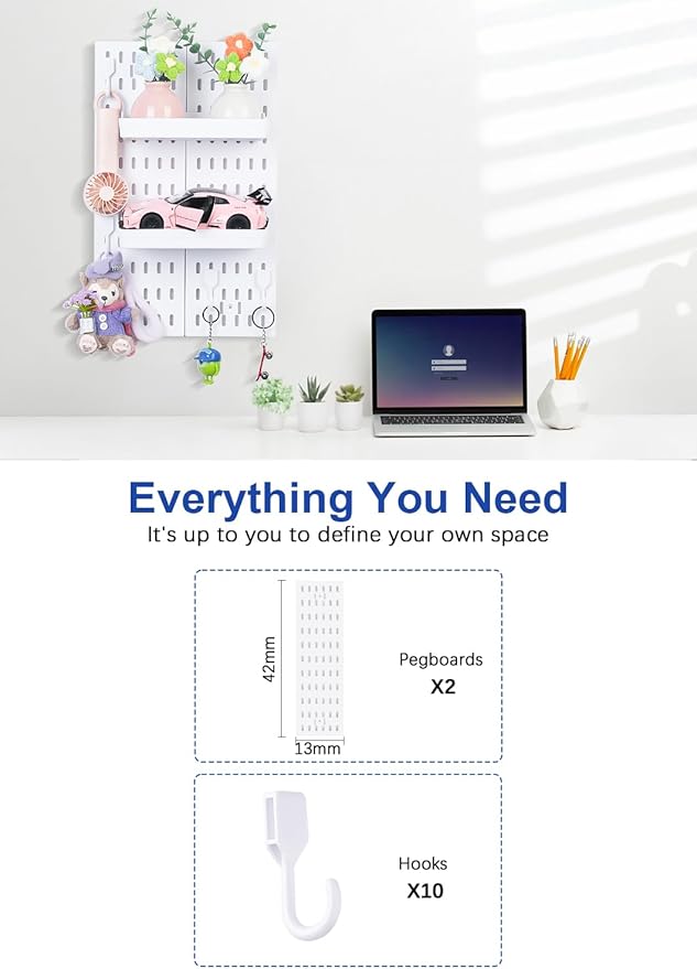 Pegboard Wall Organizer - Modular System for Gaming Setup, Office & Kitchen Storage Solutions Create A Perfectly Structured Space peg board (White,16″×12″)