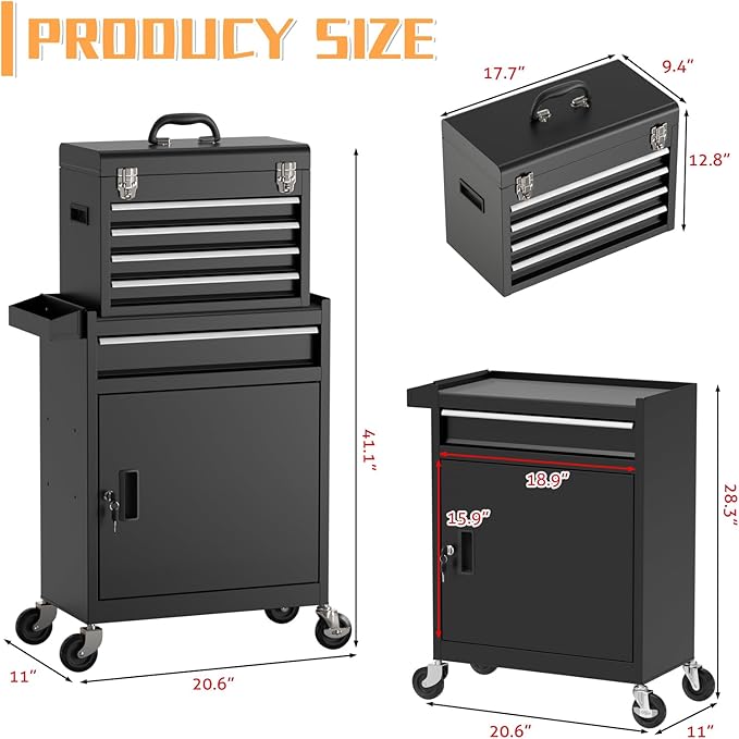 5-Drawer Rolling Tool Chest,Garage Storage Tool Box with Wheels,Lockable and Detachable Tool Cabinet,Heavy Duty Metal Tool Cart with Wheels for Garage,Warehouse,Workshop (Black)