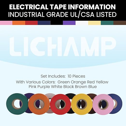 Lichamp 10-Pack Colored Electrical Tape Waterproof, 3/4 in x 66ft, Industrial Grade UL/CSA Listed High Temp Electrical Tape Colors Electric Super Vinyl, 1075C2