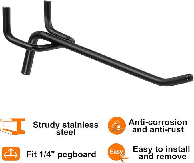 HARFINGTON 10pcs Pegboard Shelving Hooks 4" Stainless Steel Peg Board Display Hook Hanging Holders Wall Mount Organize Tools for Workbench Garage Kitchen Store, Black