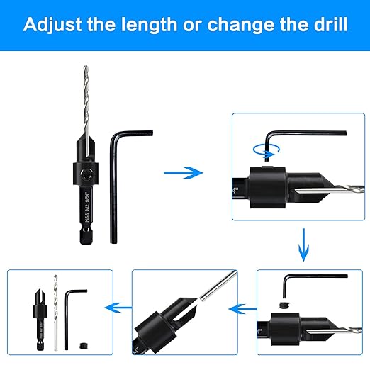 3-pc Countersink Drill Bit Set #10#12#16, 3in1 Woodworking Counterbore Hole Saw Drill Bits, Depth Adjustable M2 Pilot Drill Bits, 82-Degree Chamfer, 1/4” Hex Shank, with 1 Allen Wrench
