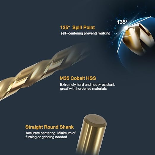 BeHappy 1/4" Cobalt Drill Bit Set (10Pcs), M35 HSS, 135 Degree Tip, Twist Jobber Length for Hardened Metal, Stainless Steel, Cast Iron, Wood, and Plastics, with Index Storage Case