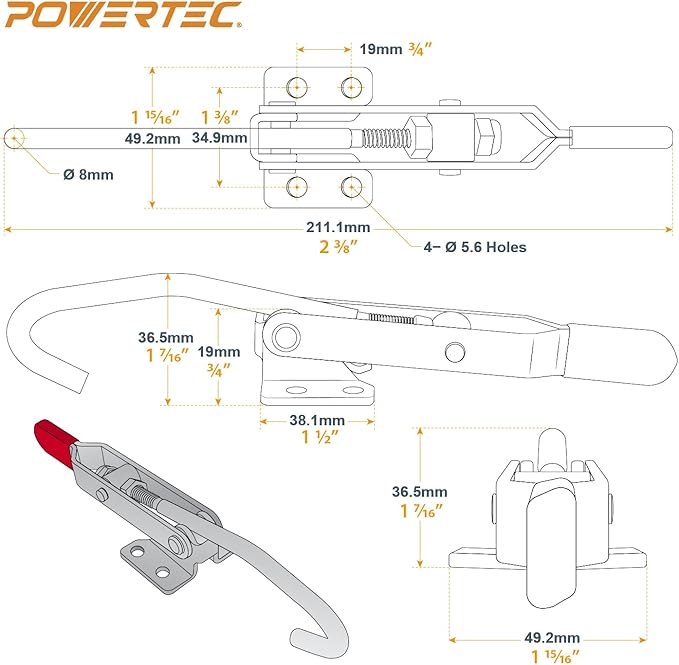 POWERTEC 4PK Toggle Clamp Set, 375 lbs & 700 lbs Holding Capacity, J Hook and Self-Lock U-Bolt Adjustable Latch for Smoker, Tool Box, Woodworking Jigs and Fixtures, Cabinet, Lids, Door, Truck (20345)