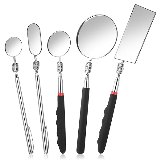 5 Pieces Retractable Mechanical Mirror Tool Telescoping Inspection Mirror Set 360 Rotation Mirrors Inspection Tool Stainless Steel Mirrors for Check Observe Vehicle, Car, Eyelashes, Small Parts