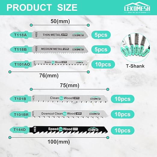 50 PCS Contractor Jigsaw Blades Set - Assorted T-Shank Jig Saw Blades for Wood, Plastic and Metal Cutting(T118A,T118B,T101AO,T101B,T101BR,T144D)