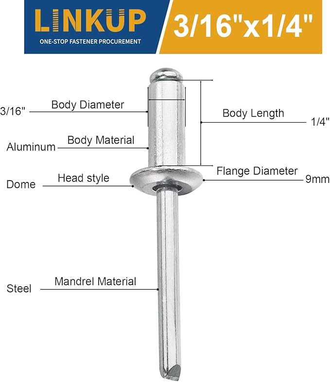Linkup 160pcs pack 3/16" x 1/4" Pop blind Rivets, 4.8mm x 6.4mm pop rivets,Aluminum Body Steel Mandrel Rivets (Sliver),Dome Head aluminum rivets
