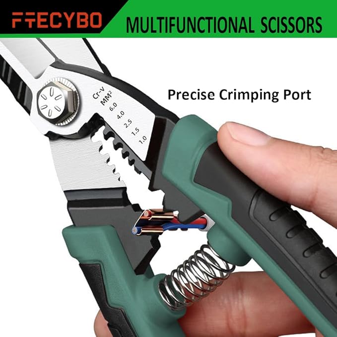 Heavy Duty Industrial Scissors 8.5'', Electrician Scissors with Finely Serrated CR-V Powerful Blades, Easy Cutting Wires, Cardboard, Plastic, Carpet, Wire Stripping and Crimping