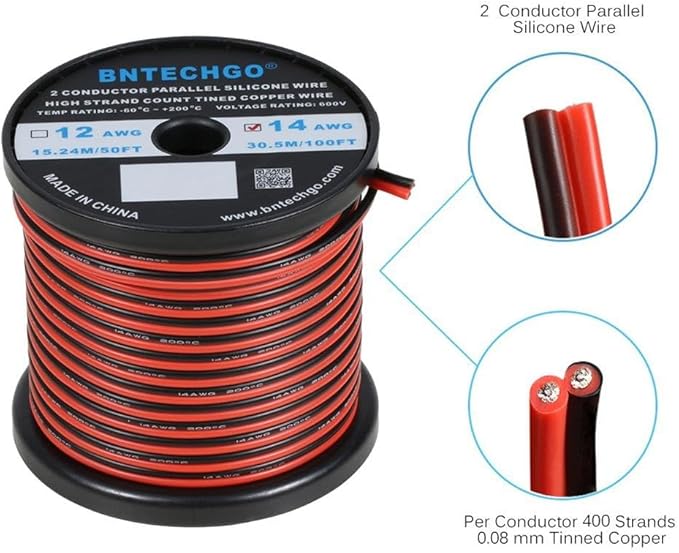 BNTECHGO 14 Gauge Flexible 2 Conductor Parallel Silicone Wire Spool Red Black High Resistant 200 deg C 600V for Single Color LED Strip Extension Cable Cord,Model,100ft Stranded Tinned Copper Wire