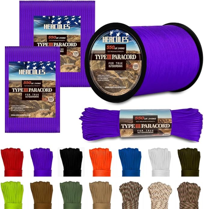 HERCULES Type III Paracord 550 Paracord Rope Parachute Cord, 250' Purple for Camping Cord, Survival Rope