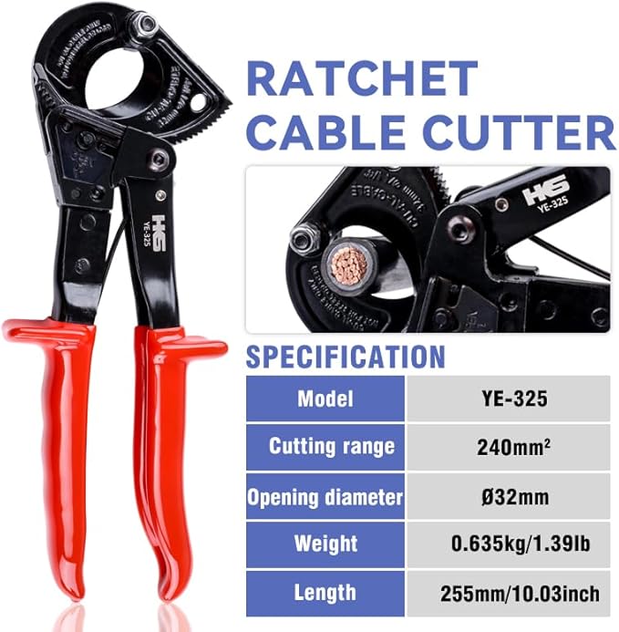 HKS Ratchet Cable Wire Cutter Heavy Duty for Cutting Electrical Aluminum Copper and Multi-core Cables up to 240mm²
