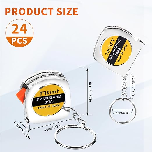 24 Pieces Tape Measure Keychains, 1.5 Inch Functional Mini Tape Measures with Stable Slide Lock Construction Party Favors Tape Measure for Birthday Party Favors Gift Bag Fillers Prize 1 m/ 3 ft