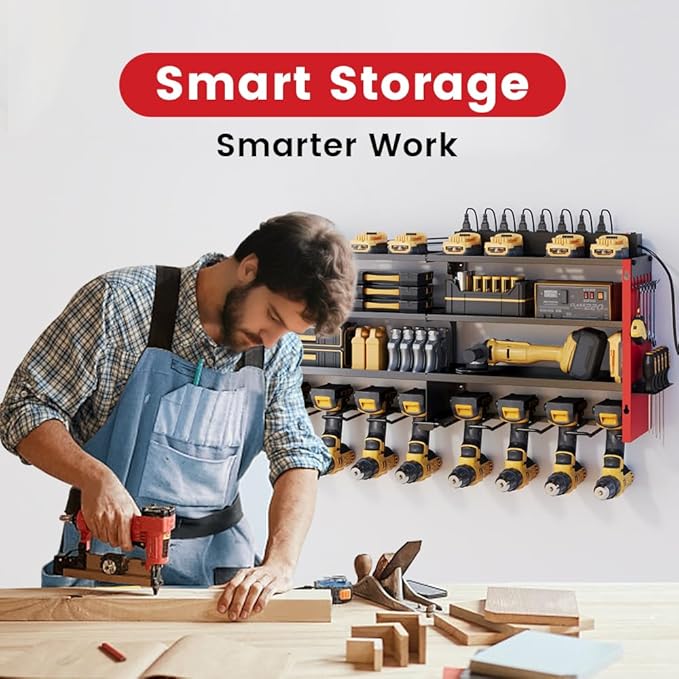 4 Layers Power Tool Organizer Wall Mount with Power Strip, Heavy Duty Metal Shelf, 400lbs Capacity for Cordless Drills, Batteries & Garage Storage (4 Slots with 2 Outlets Power Strip)