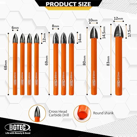 Carbide Tip Drill Bit-BGTEC Wood Drill Bits, 10pcs Round Shank 1/4"*4+5/16"*3+3/8"*2+1/2" Cross Hard Alloy Drill Bit for Wood Plastic Masonry Brick
