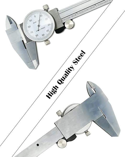 6 Inch Dial Caliper +/-0.001 Inch Accuracy, Shockproof Hardened Stainless Steel Metal 4-Way Measurement Calipers Measuring Tool with Plastic Case