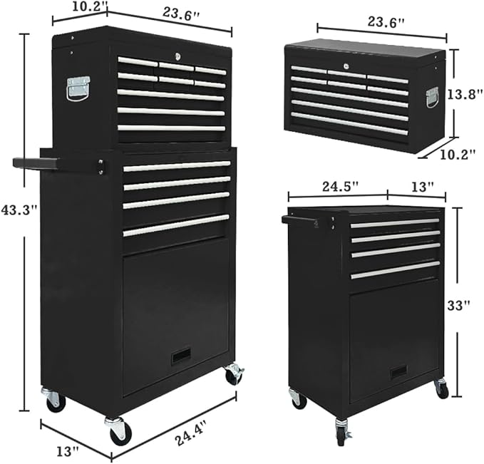 13-Drawer Tool Chest with Wheels,2 in 1 Detachable Rolling Tool Chests with Drawers,Large Tool Box with Lock,Mobile Steel Tool Cabinet Storage for Warehouse,Garage-Black