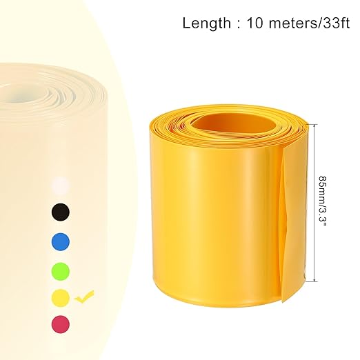 MECCANIXITY Battery Wrap PVC Heat Shrink Tubing 55mm Dia 85mm Flat 33 Feet(10meters) Yellow Good Insulation for Battery Pack