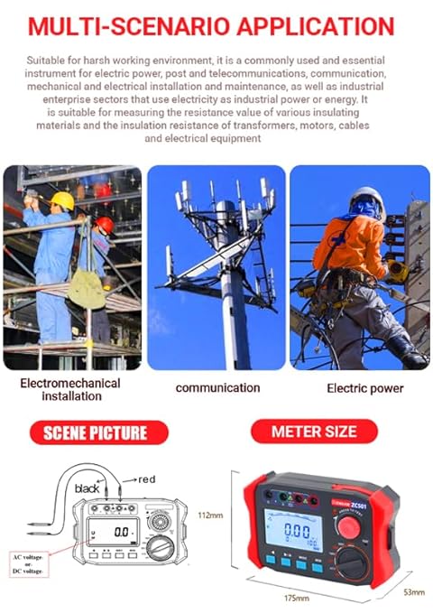 Digital Insulation Resistance Tester 100V-1000V /0.06MΩ-50.00GΩ Megohm Tester Auto Ranging 2000 Counts 2V~750V AC/DC Voltmeter with 500 Data Storage LCD Display(ZC-501)