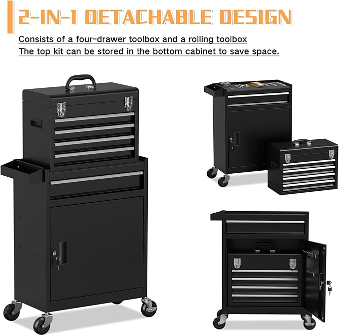 5-Drawer Rolling Tool Chest,Garage Storage Tool Box with Wheels,Lockable and Detachable Tool Cabinet,Heavy Duty Metal Tool Cart with Wheels for Garage,Warehouse,Workshop (Black)