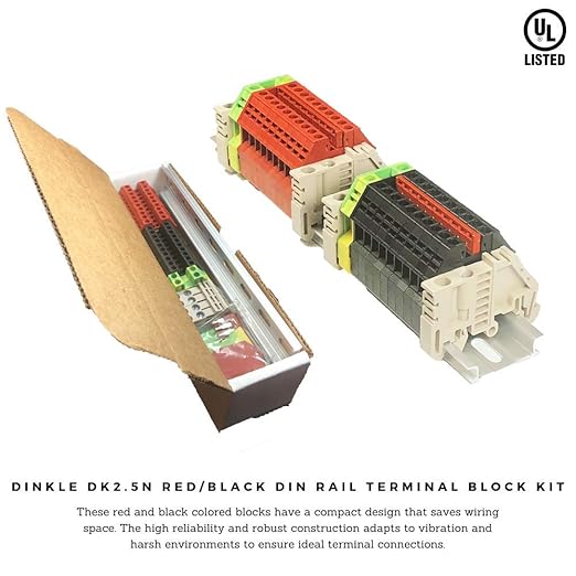 Dinkle UL Listed DIN Rail Terminal Block Kit #1 Red/Black Dinkle 20 DK2.5N 12 AWG Gauge 20A 600V Ground DK2.5N-PE Jumper DSS2.5N-10P End Covers End Brackets