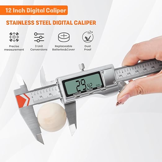 Digital Caliper 12 Inch/300mm, HARDELL Calipers Easy Switch Inch/MM/Fraction, Stainless Steel Digital Caliper Measuring Tool with Auto-Off Large LCD Screen for DIY/3D Printing/Jewelers/Woodworkers