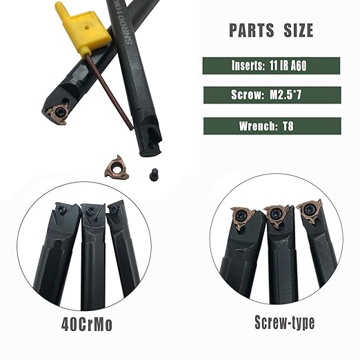 Lather Threading Tool Bit Set External Internal Threading Boring Bars Turning Tool Holders with 11IR A60 16ER 16IR AG60 Carbide Threading Inserts (3pcs Boring Bars +11IR A60)