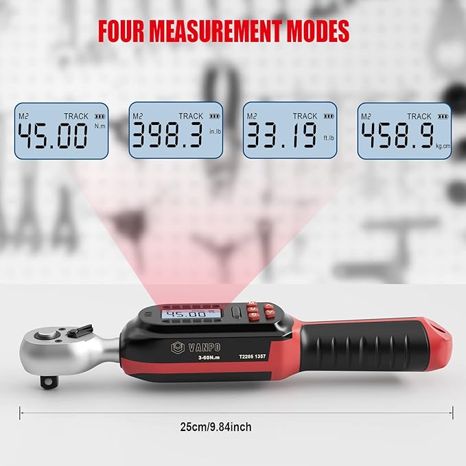 3/8 Inch Digital Torque Wrench with Preset Values, 2.2-44.3 Ft-lbs/3-60Nm, Buzzer and LED Notification, Small Electronic Torque Wrench for Motorcycles