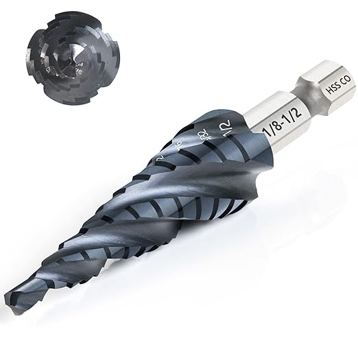 M35 Cobalt Step Drill Bit, Four Spiral Flute Unibit Step Drill Bit (1/8"-1/2") Wear-Resistant TiAlN Coated, 1/4" Hex Shank for Metal, Carbon Steel, Stainless Steel, Wood, Plastic (13 Size)