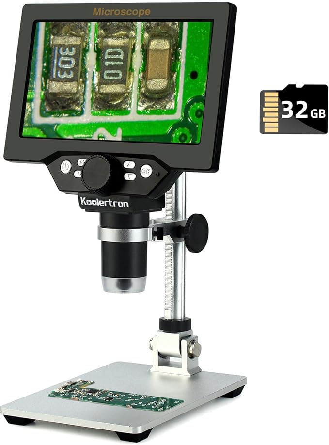 Koolertron 7" LCD Digital Microscope 12MP 1-1200X Magnification - Handheld USB Microscope Camera with 32GB TF Card, 8 Adjustable LED Lights & Rechargeable Battery - Portable for Coin/PCB/Insect/Rock