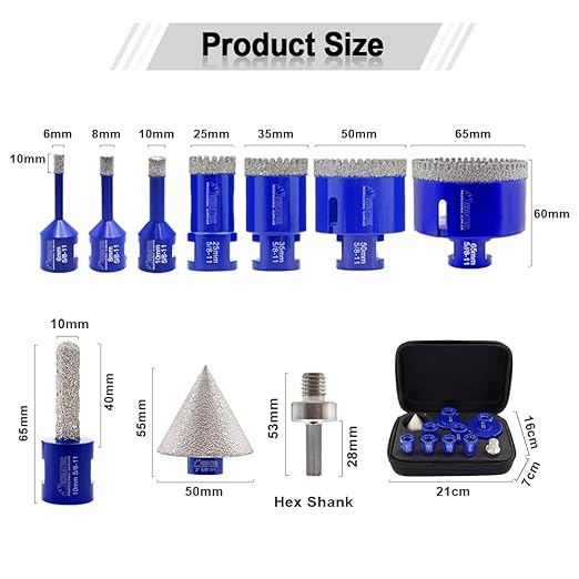 SHDIATOOL Diamond Drill Core Bits Kit Hole Saw Sets Diamond Drill Mould Guide for Drilling Porcelain Tile Marble Ceramic Granite with Hollow EVA Guide Jig 10pcs(6/8/10/35/50/65/10/25mm/2inch/HEX)