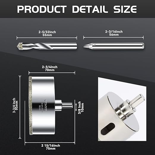 3-3/4inch | 95mm Diamond Hole Saw with Center Drill bit and Diamond-Coated Center Drill bit for Ceramic Glass Marble Fiberglass Granite and Porcelain Tiles by CENYB