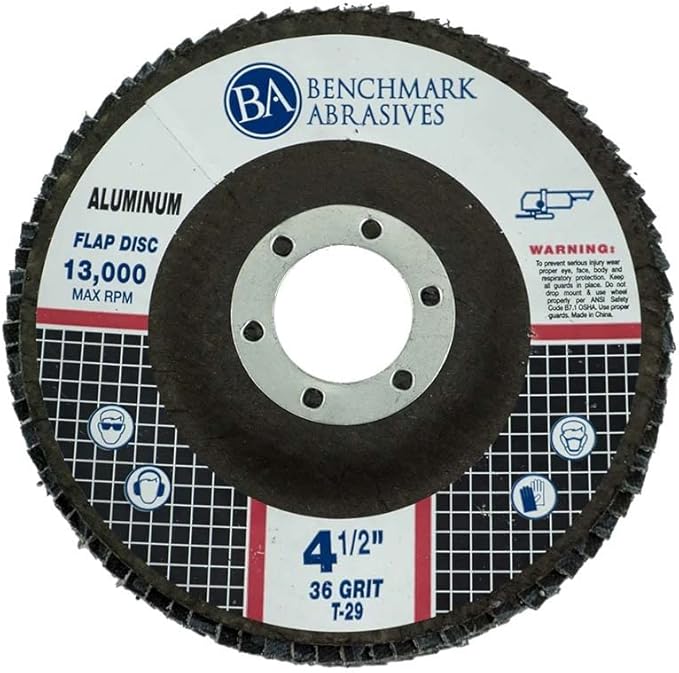 Benchmark Abrasives 4.5" x 7/8" Stearate Coated Type 29 Flap Discs for Aluminum or Other Soft Metals, Angle Grinder Discs for Sanding, Finishing, Grinding, Deburring (10 Pack) - 36 Grit