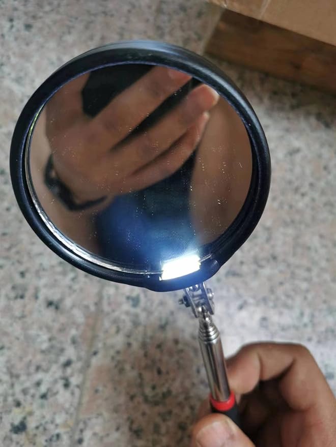 Telescoping Inspection mirror with Lighted,extendable Round Mirror on a stick for Checking Vehicle, Observing and Small Parts Extended Mechanic Tool for Automotive and Shower Use mirror