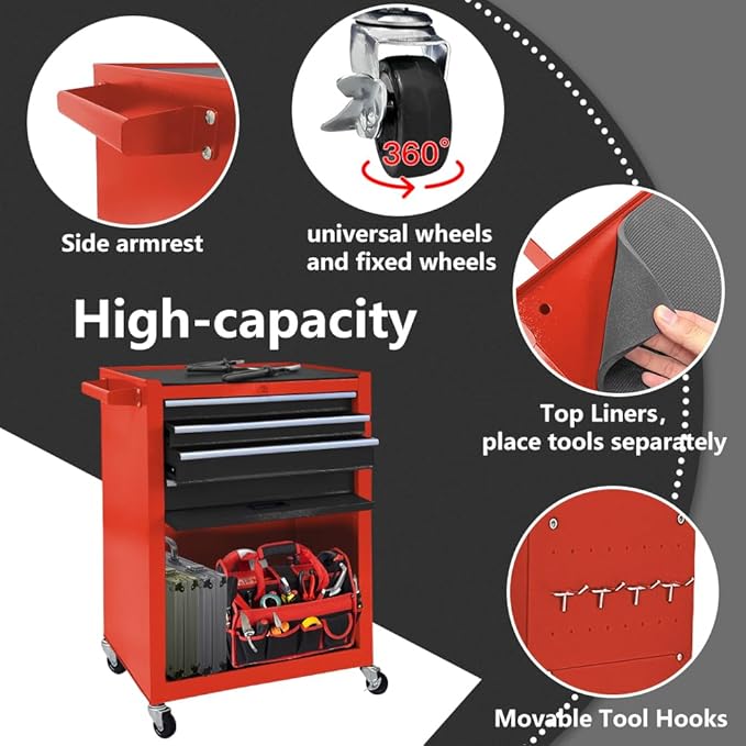 13 Drawers Tool Chest with Wheels,Large Capacity Tool Storage Cabinet with Tool Box, Locking Mechanical Tool Cart with Liner,Suitable for Garages, Warehouses-Black&Red
