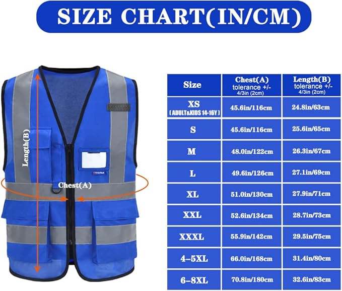 A-SAFETY Blue High Visibility Reflective Safety Vest,Hi Vis Bright Neon Color with 4 Reflective Strips 8 Pockets,X-Large