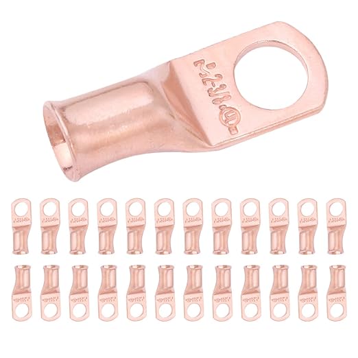 SELTERM 25pcs 2 AWG 3/8" Stud Battery Lugs, Ring Terminals, Heavy Duty Copper Wire Lugs, Battery Cable Ends, 2 Gauge Ring Terminal Connectors, UL Bare Copper Eyelets Electrical Battery Cable Lugs